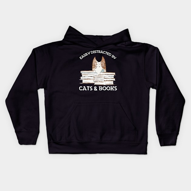 Easily Distracted By Cats And Books Kids Hoodie by Teewyld